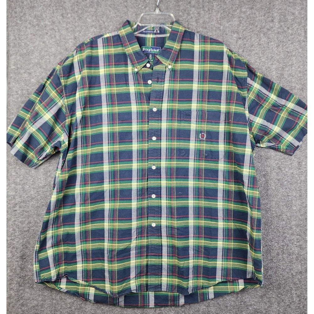 Siegfried Button Down Shirt Mens 2X‎ Big Navy Green Plaid Excellent Short Sleeve